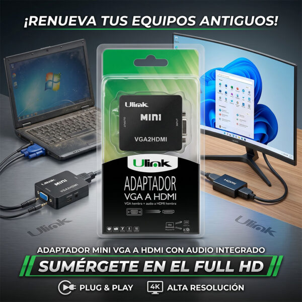 Adaptador Mini VGA a HDMI con Audio – Convertidor Full HD Ulink