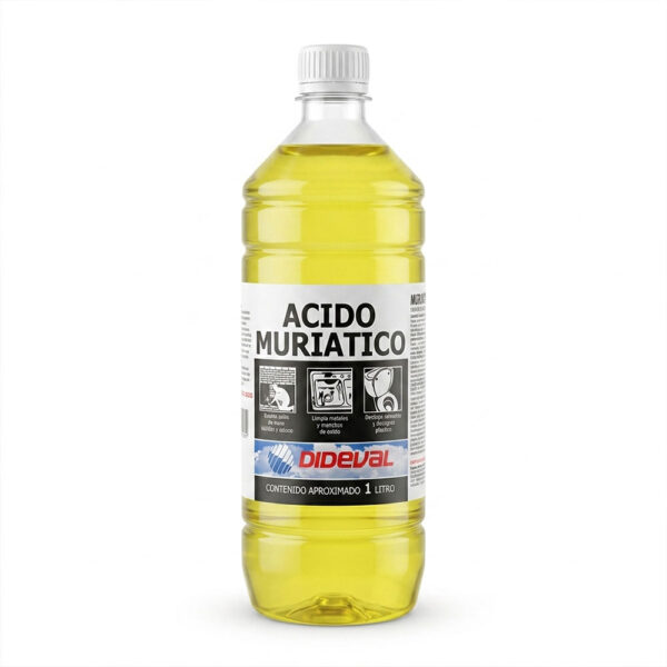 El Ácido Muriático Dideval de 1 L es un potente limpiador químico ideal para eliminar incrustaciones calcáreas, manchas de óxido en metales, restos de salitre en ladrillos/estuco y desatascar desagües. Indispensable para trabajos de limpieza profunda en obra fina, baños y superficies resistentes.